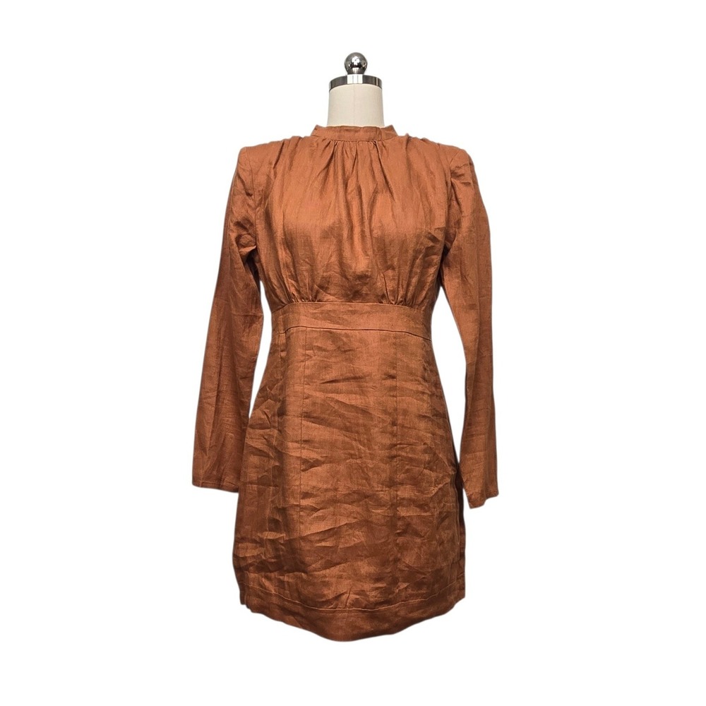 DISSH Woods Spice Linen Mini Dress Rust Orange High Neck Long Sleeve Size 6 NEW